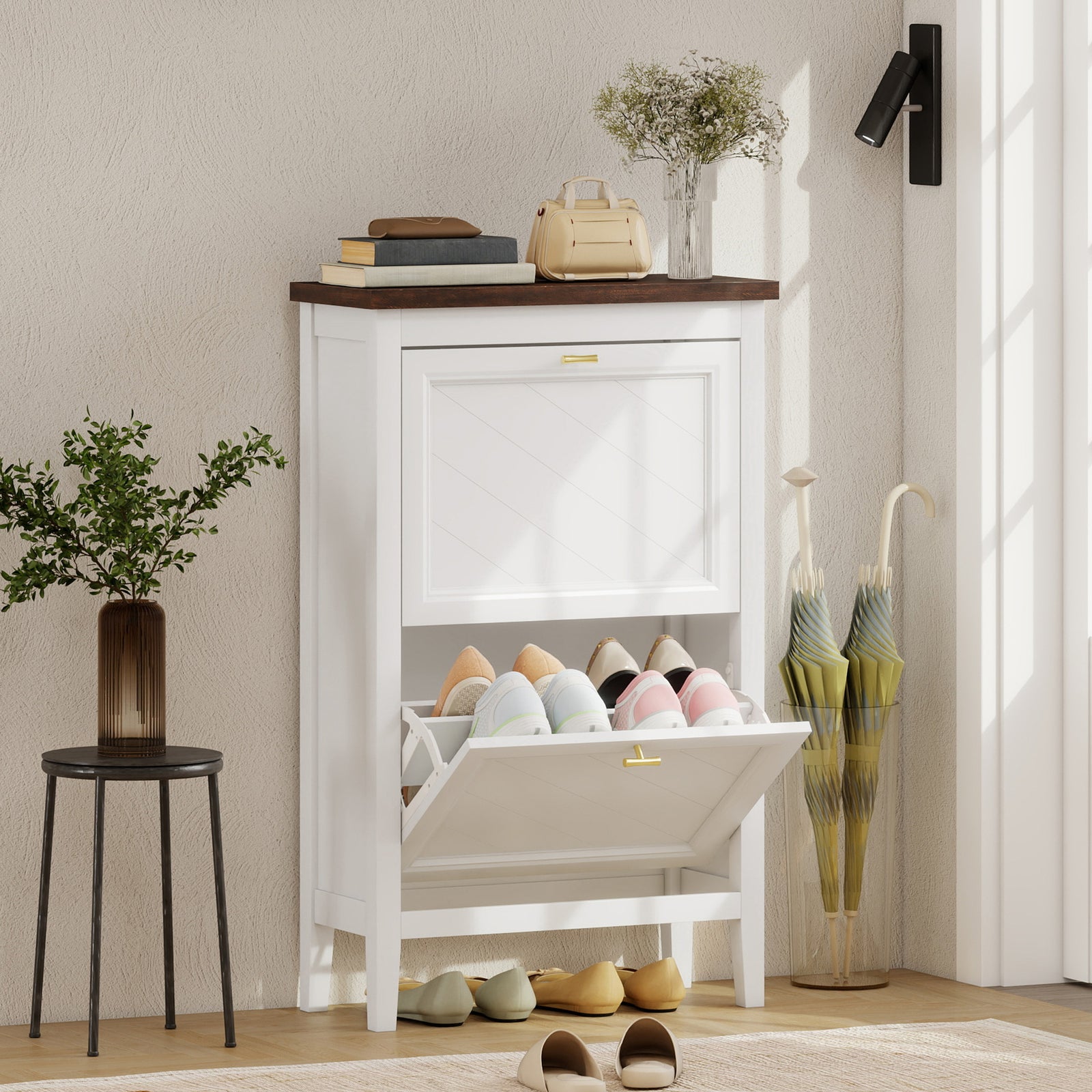Shoe Cabinet with 2 Flip Drawers, Farmhouse Narrow Shoe Storage Cabine