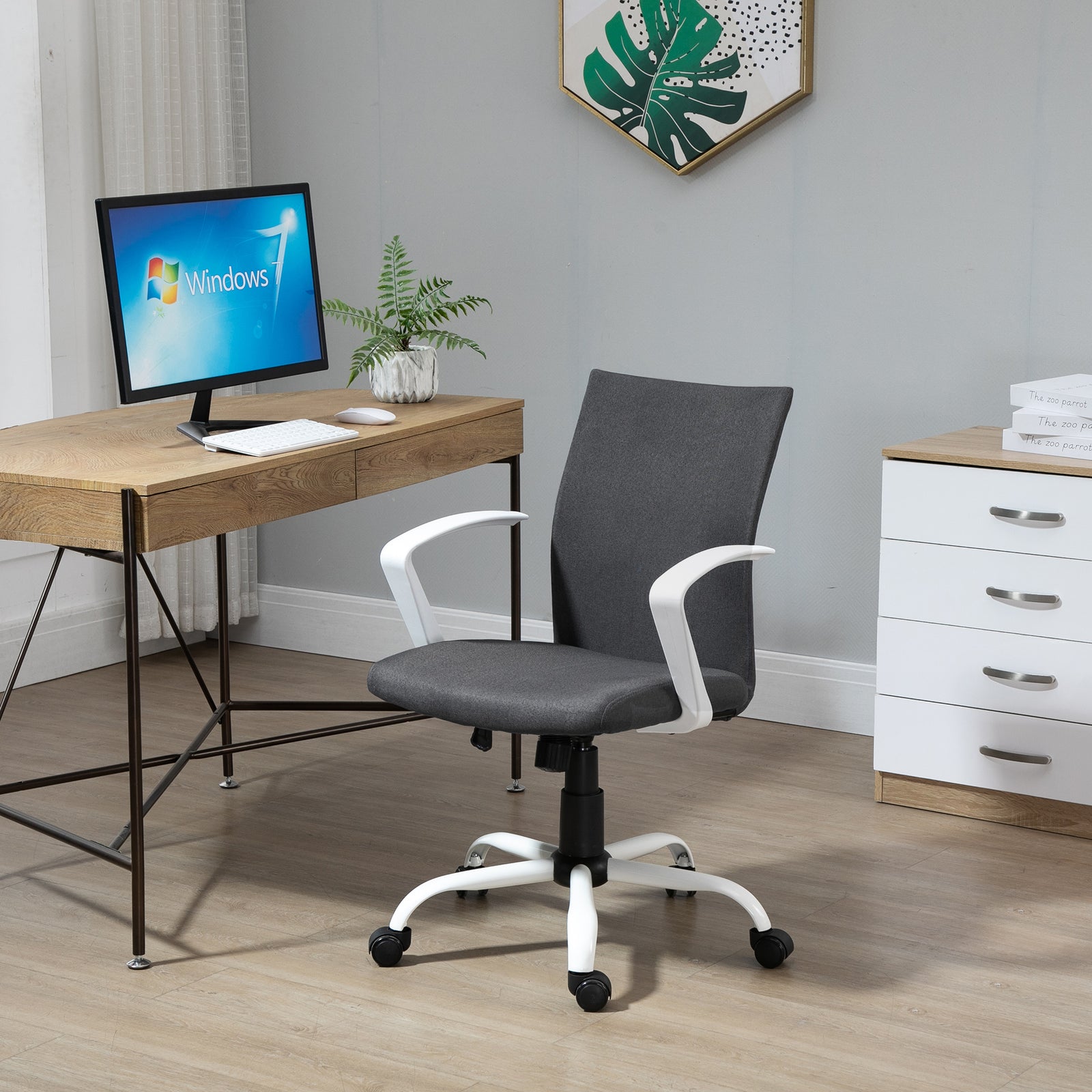Office Chair Linen Swivel Computer Desk Chair Home Study Task Chair with Wheels, Arm, Adjustable Height, Dark Grey
