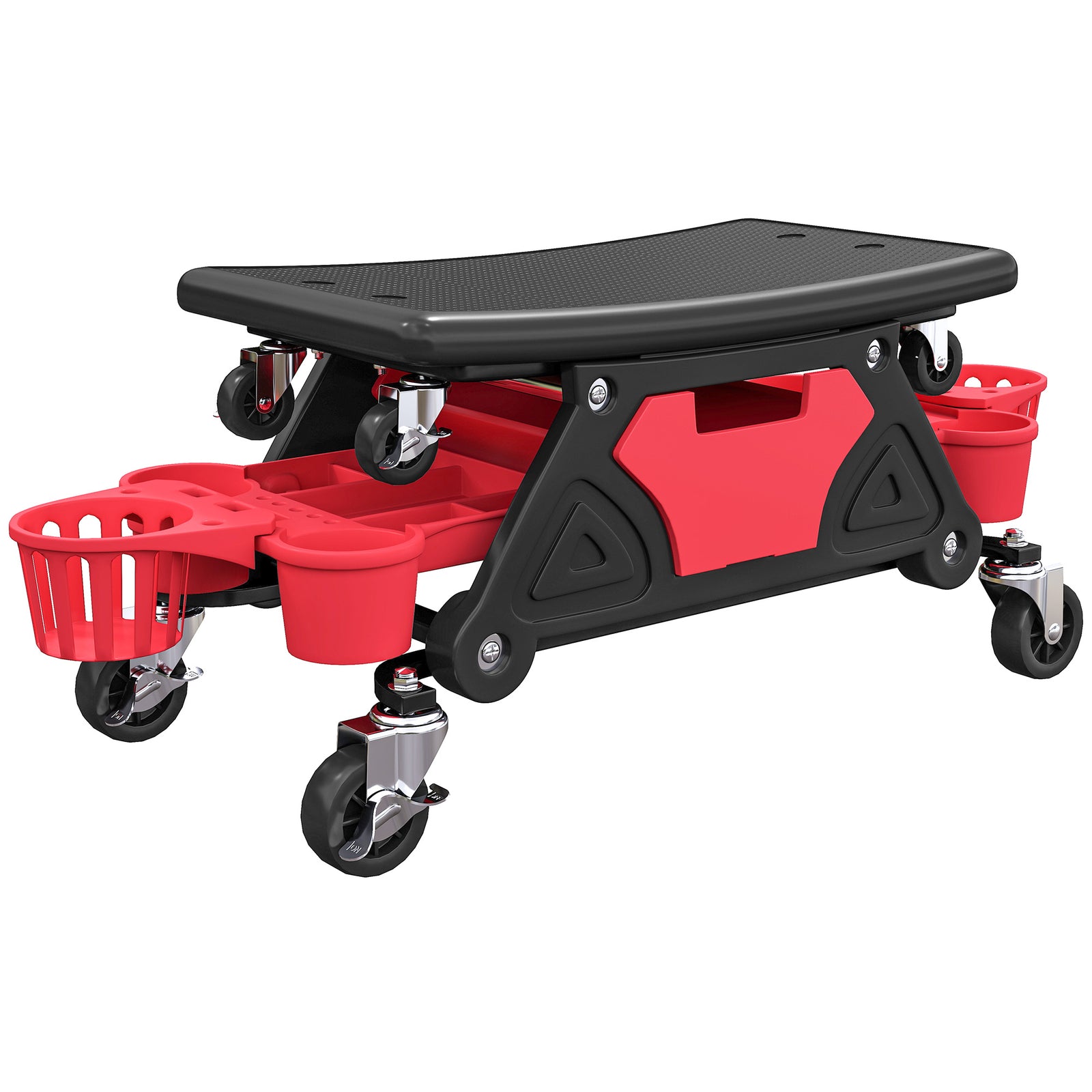 Rolling Mechanic Stool, 135kg Capacity Workshop Stool with 360° Swivel Wheels, Roller Creeper Seat with Slide Out Tool Trays, Drawer, Bottle Holders for Garage, Shop, Auto Repair, Red