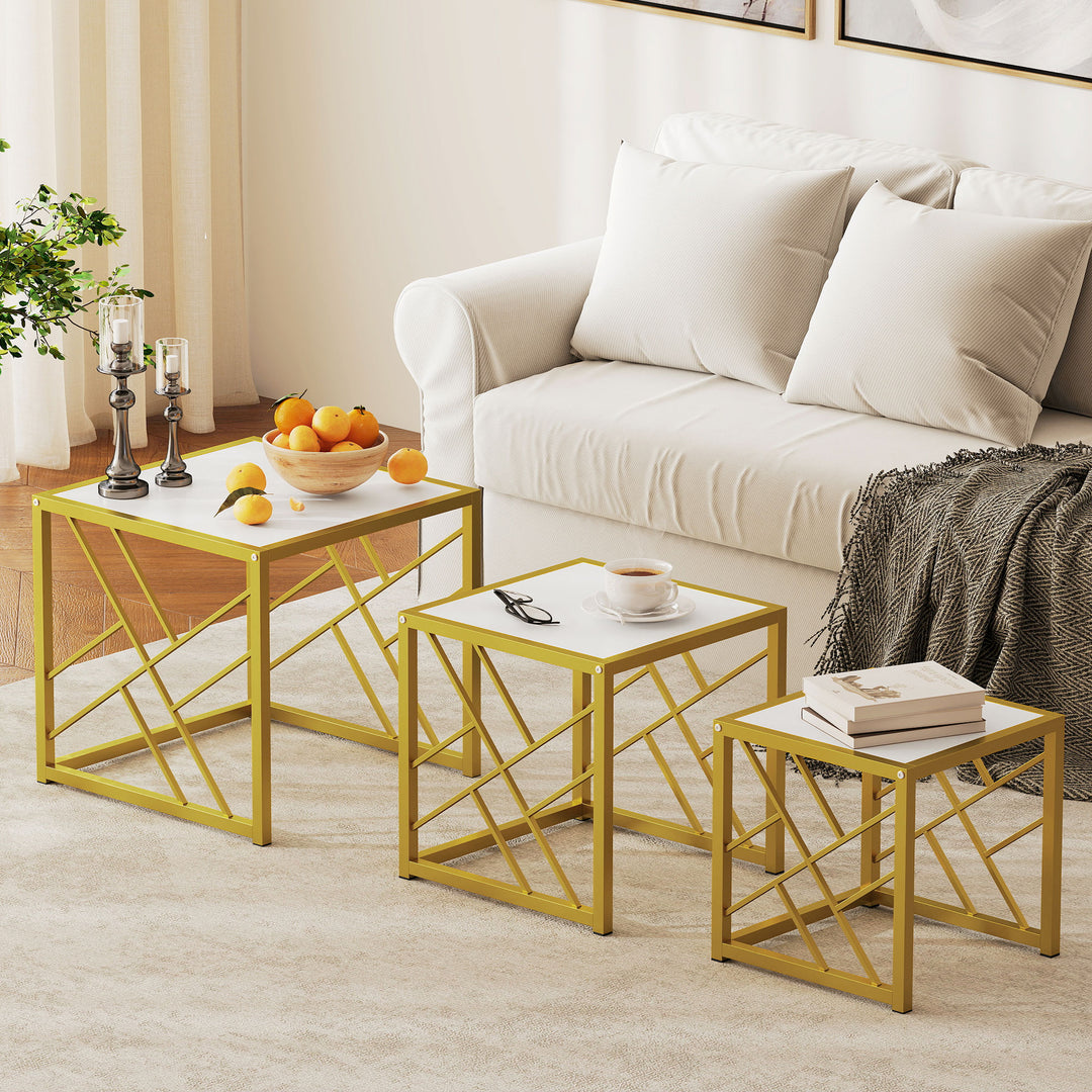 Nesting Coffee Tables, Set of 3 Square Side Tables with Gold Metal Fra