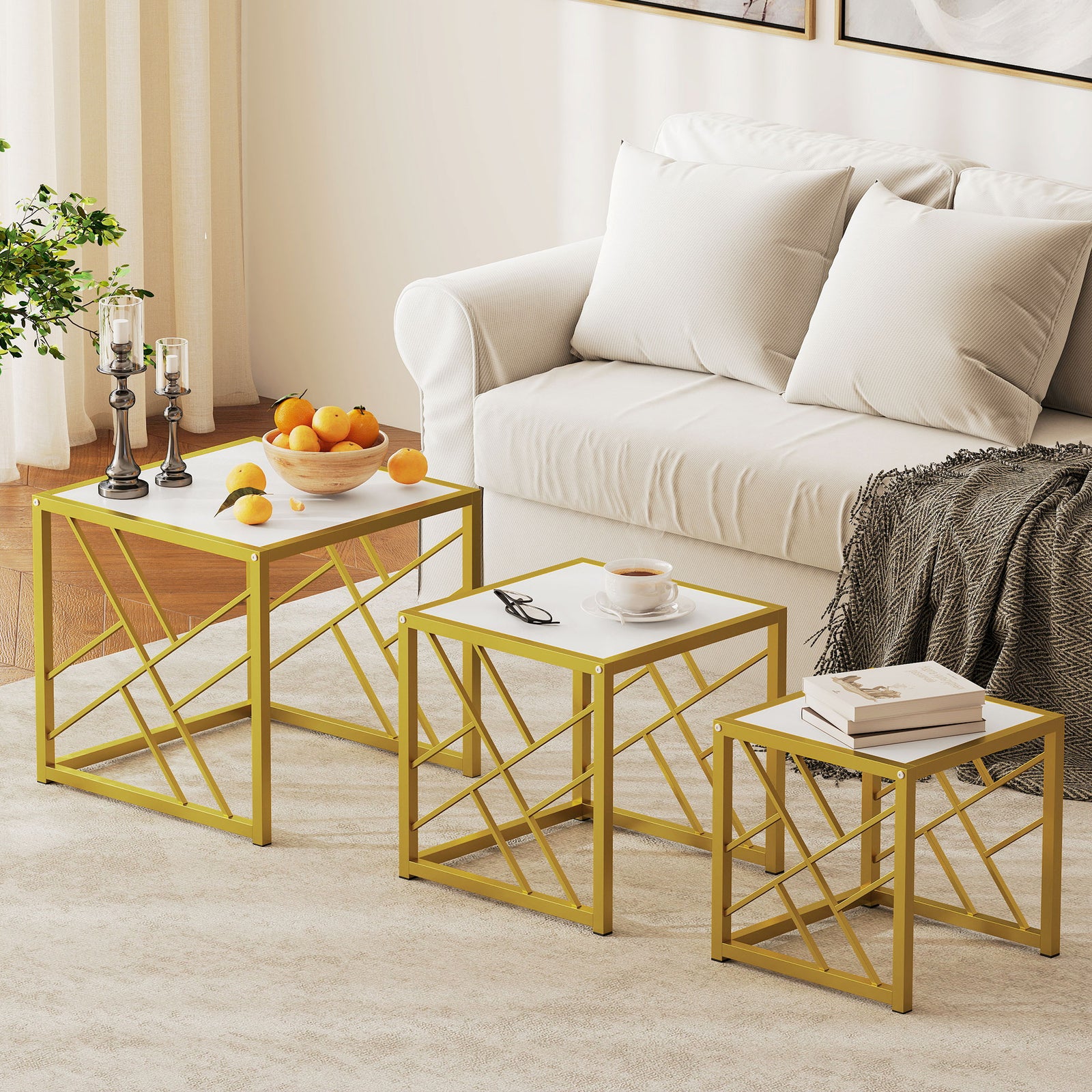 Nesting Coffee Tables, Set of 3 Square Side Tables with Gold Metal Fra