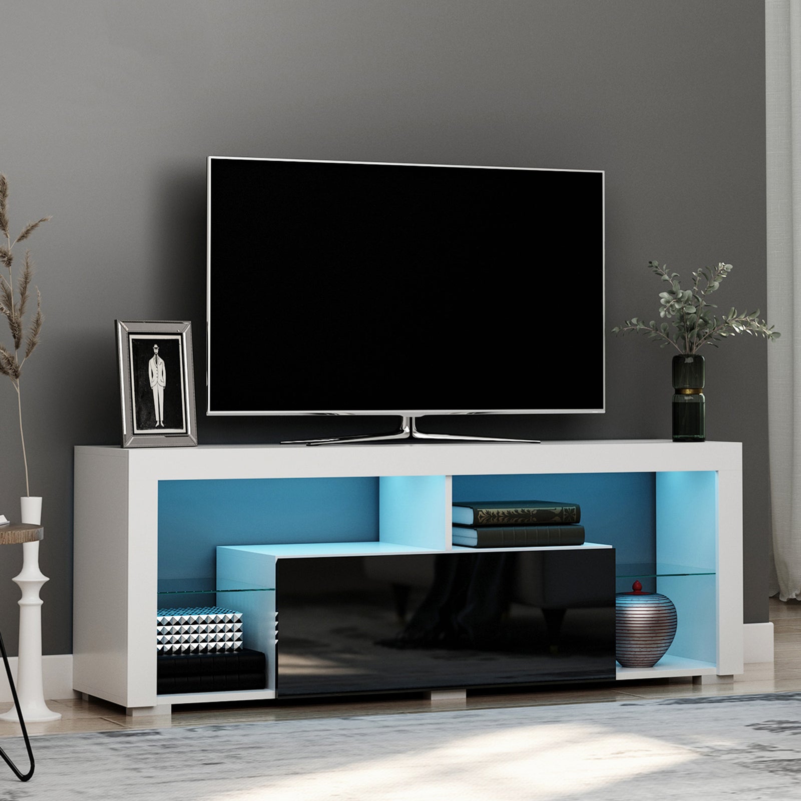TV Unit, LED TV Stand Cabinet, High Gloss TV Table with Lights and Storage Shelf for 55 inch TVs for Living Room, Bedroom, Black and White