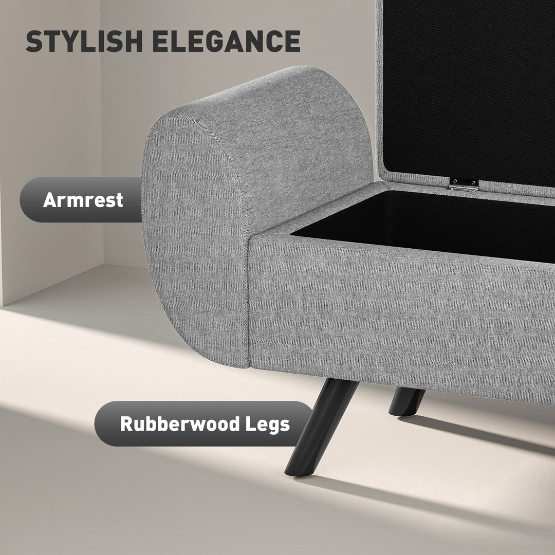 Storage Ottoman with Armrest, Upholstered Linen Storage Bench, Window Seat with Rubberwood Legs, Footstool for Bedroom Living Room, Hallway, Dark Grey