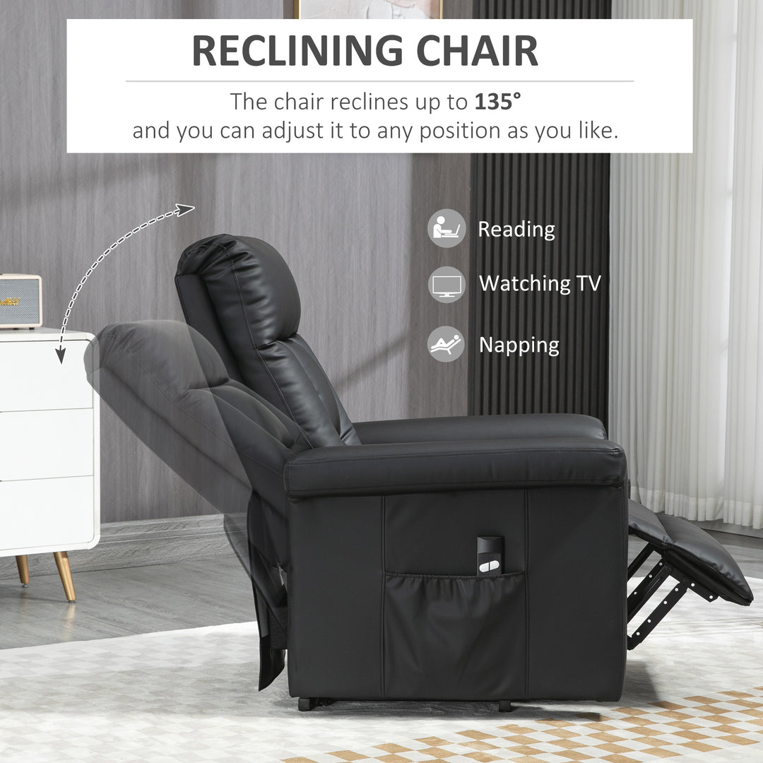 Power Lift Chair Armchair for the Elderly, PU Leather Recliner Chair with Extended Footrest, Remote Control and Side Pocket, Black