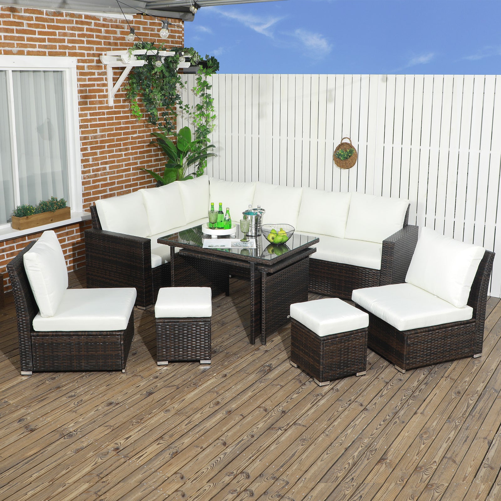 Seven-Piece Rattan Garden Sofa Set, with Expanding Table - Cream White