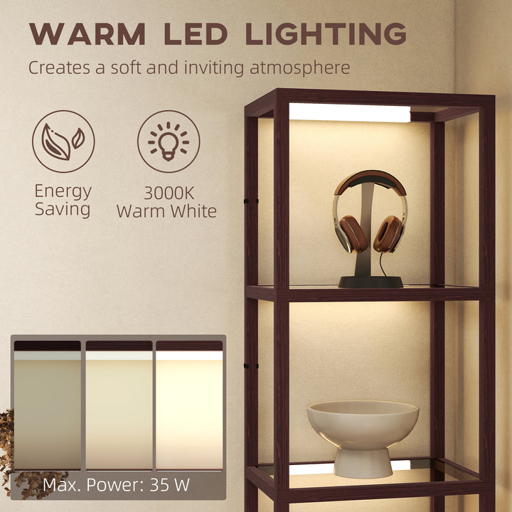 LED Floor Lamp with Glass Shelves, 4 Layers Dimmable Tall Standing Lamp, Modern Column Shelf Floor Light for Living Room, Bedroom, Office, Dark Brown