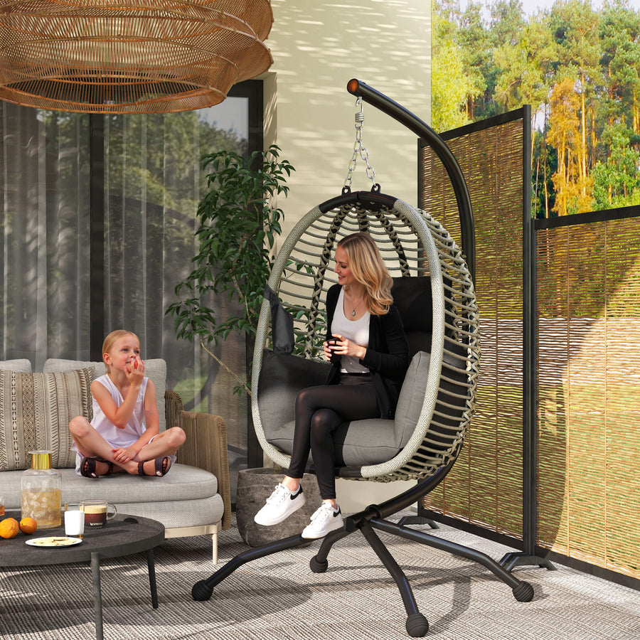 Outdoor Swing Chair with Thick Padded Cushion, Patio Hanging Egg Chair with Metal Stand, Foldable Basket, Cup Holder, Rope Structure for Indoor & Outdoor, Dark Grey