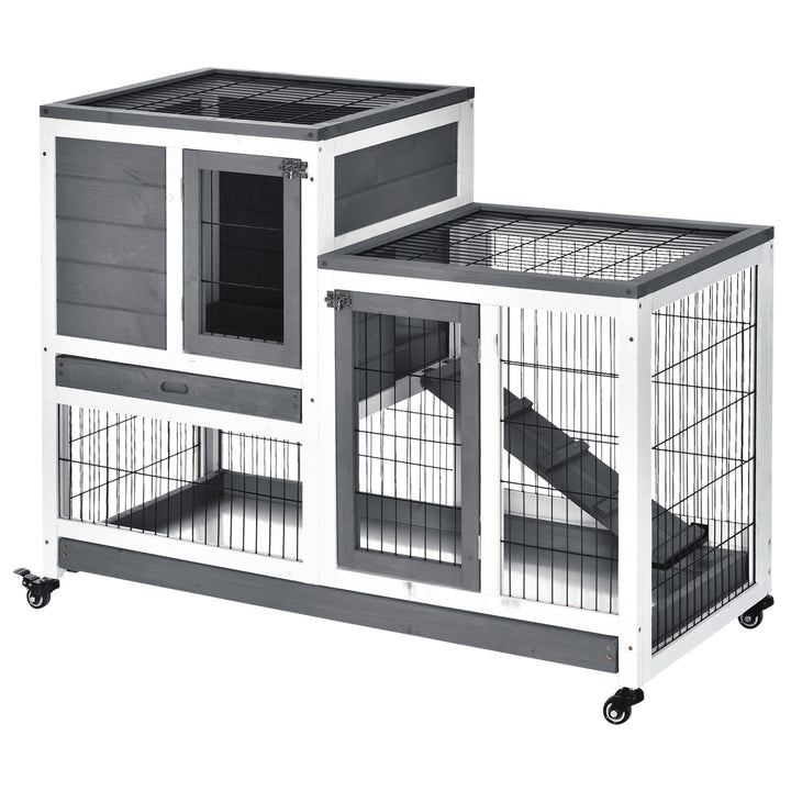 PawHut Indoor Wooden Rabbit Hutch Guinea Pigs House Bunny Small Animal Cage W/ Wheels Enclosed Run 110 x 50 x 86 cm