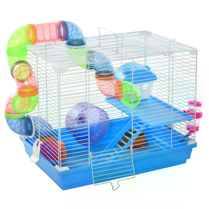 Pawhut 2 Tier Hamster Cage Carrier Habitat Small Animal House with Exercise Wheels Tunnel Tube Water Bottle Dishes for Dwarf Mice, Blue | Aosom UK