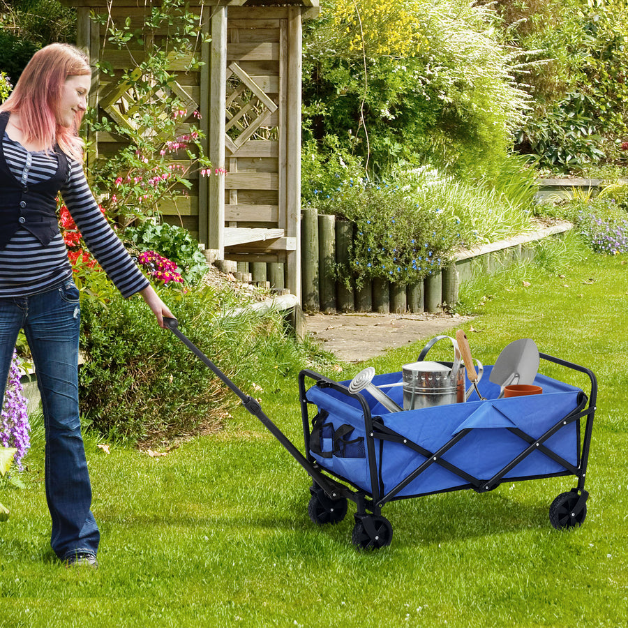 62L Festival Trolley on Wheels, Garden Folding Trolley Cart, 120kg Heavy Duty Collapsible Folding Wagon with Adjustable Handle and Carrying Bag for Beach, Camping, Festival, Blue