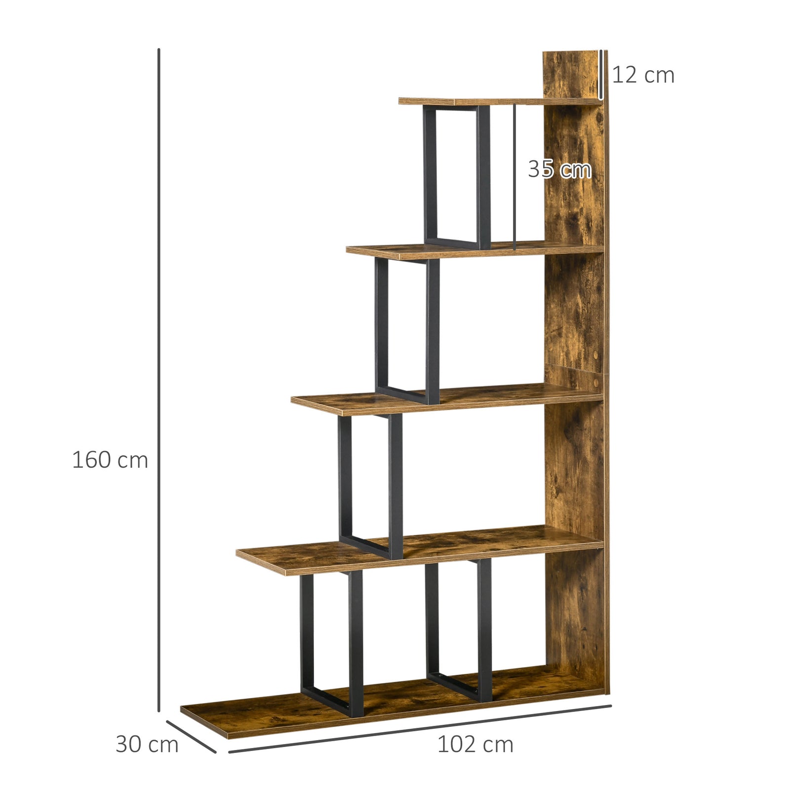 5-Tier Bookcase, Wooden Ladder Bookshelf Display Stand, Rustic Brown