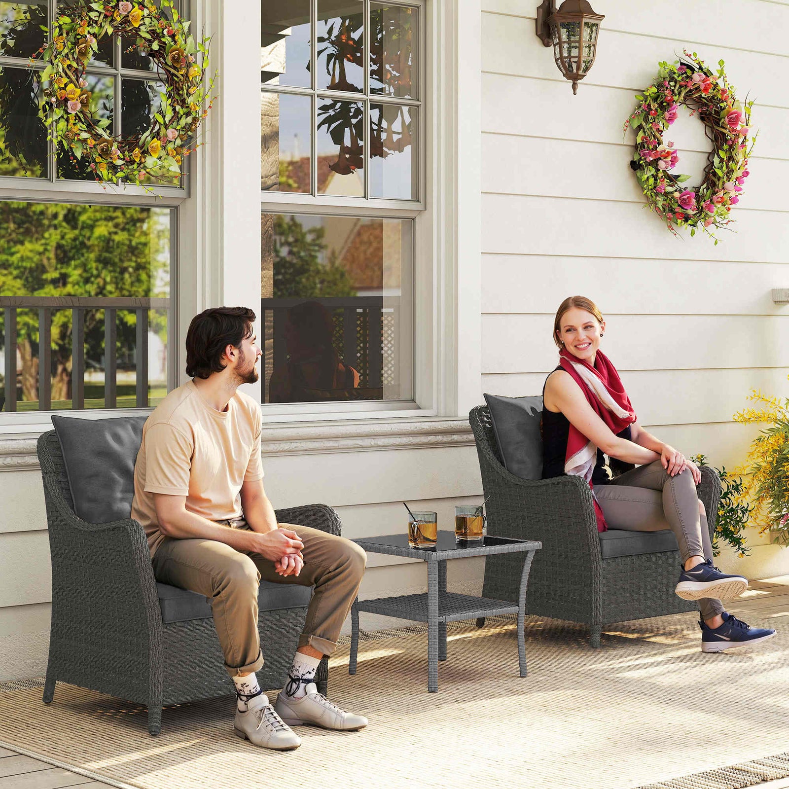 Rattan Garden Chairs Set of 2, Outdoor Rattan Chairs with Cushions, Armrests and High Back, PE Wicker Garden Armchair with Steel Frame for Balcony, Porch, Dark Grey