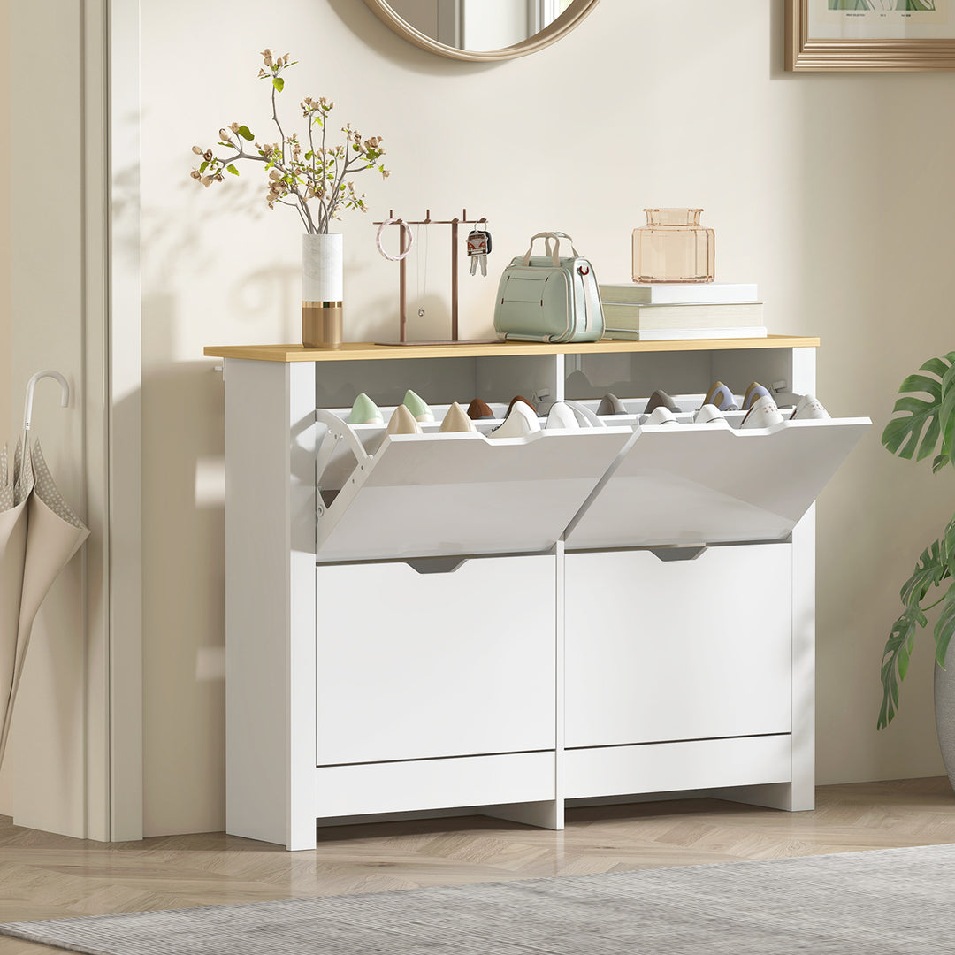 Slim Shoe Cabinet, Narrow Shoe Cupboard with 4 Flip Drawers, Adjustabl