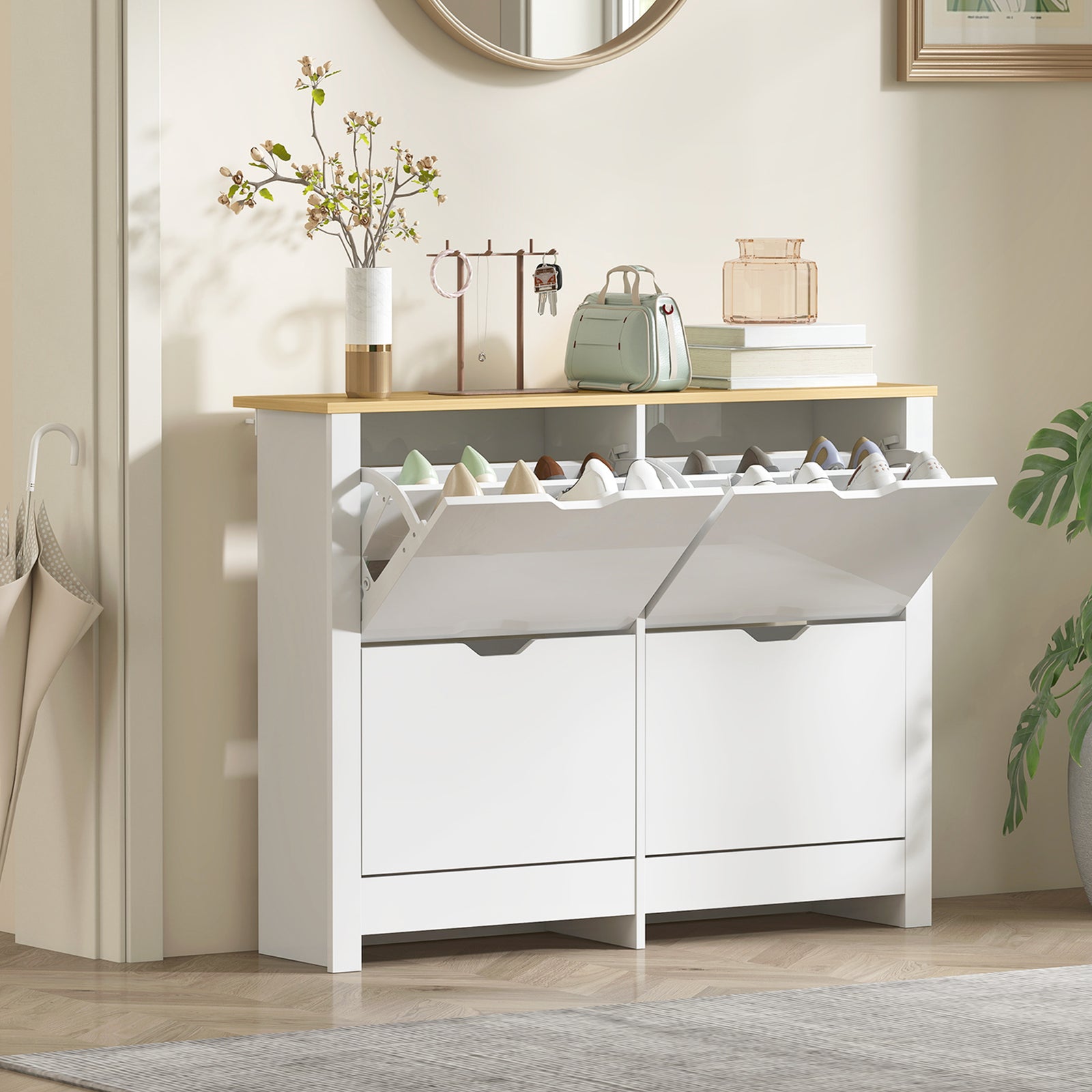 Slim Shoe Cabinet, Narrow Shoe Cupboard with 4 Flip Drawers, Adjustabl
