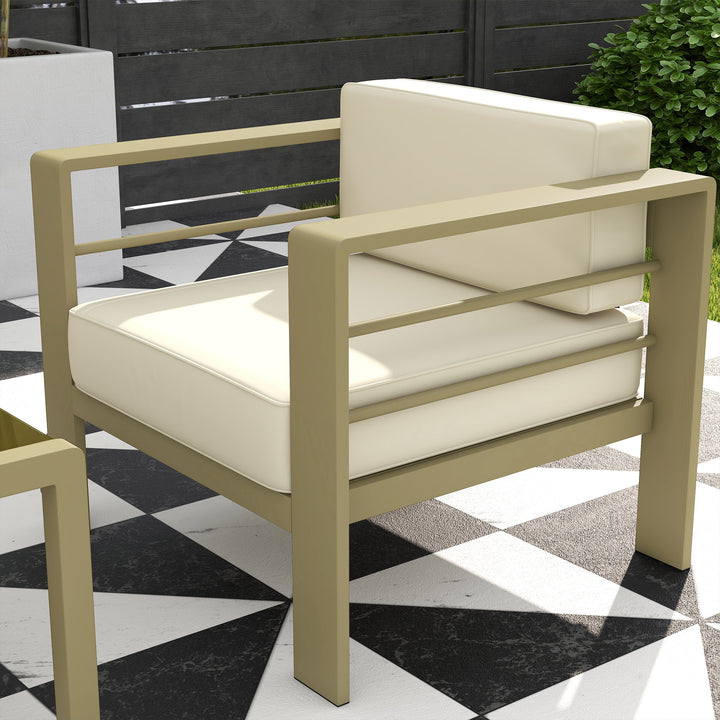 5-Piece Garden Corner Sofa Set with Cushions, 6 Seater Aluminium Garden Furniture Set with Glass Top Coffee Table, Patio Sectional Conservatory Furniture for Patio & Terrace, Gold Tone