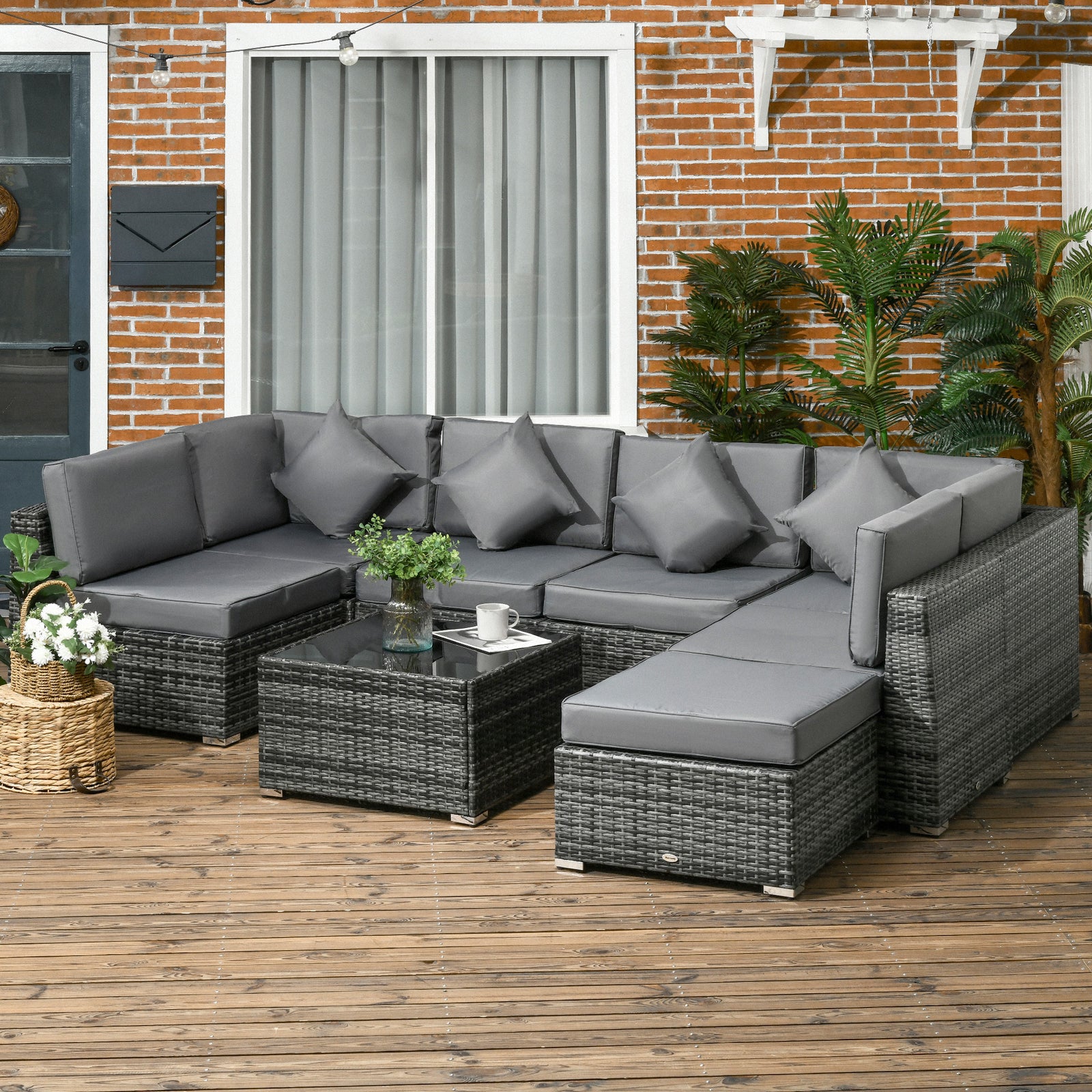 8 Pieces PE Rattan Corner Sofa Set, Outdoor Garden Furniture Set, Patio Wicker Sofa Seater w/ Cushion, Washable Cushion Cover & Tempered Glass Table, Grey
