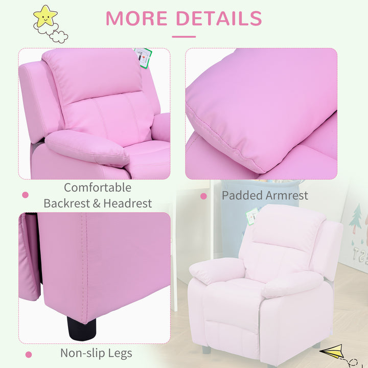 HOMCOM Kids Children Recliner Lounger Armchair Games Chair Sofa Seat PU Leather Look w/ Storage Space on Arms (Pink) | Aosom UK