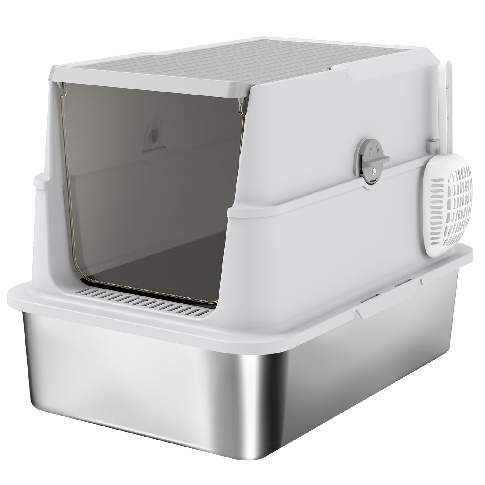Extra Large Stainless Steel, Cat Litter Tray with Scoop, Flip Top