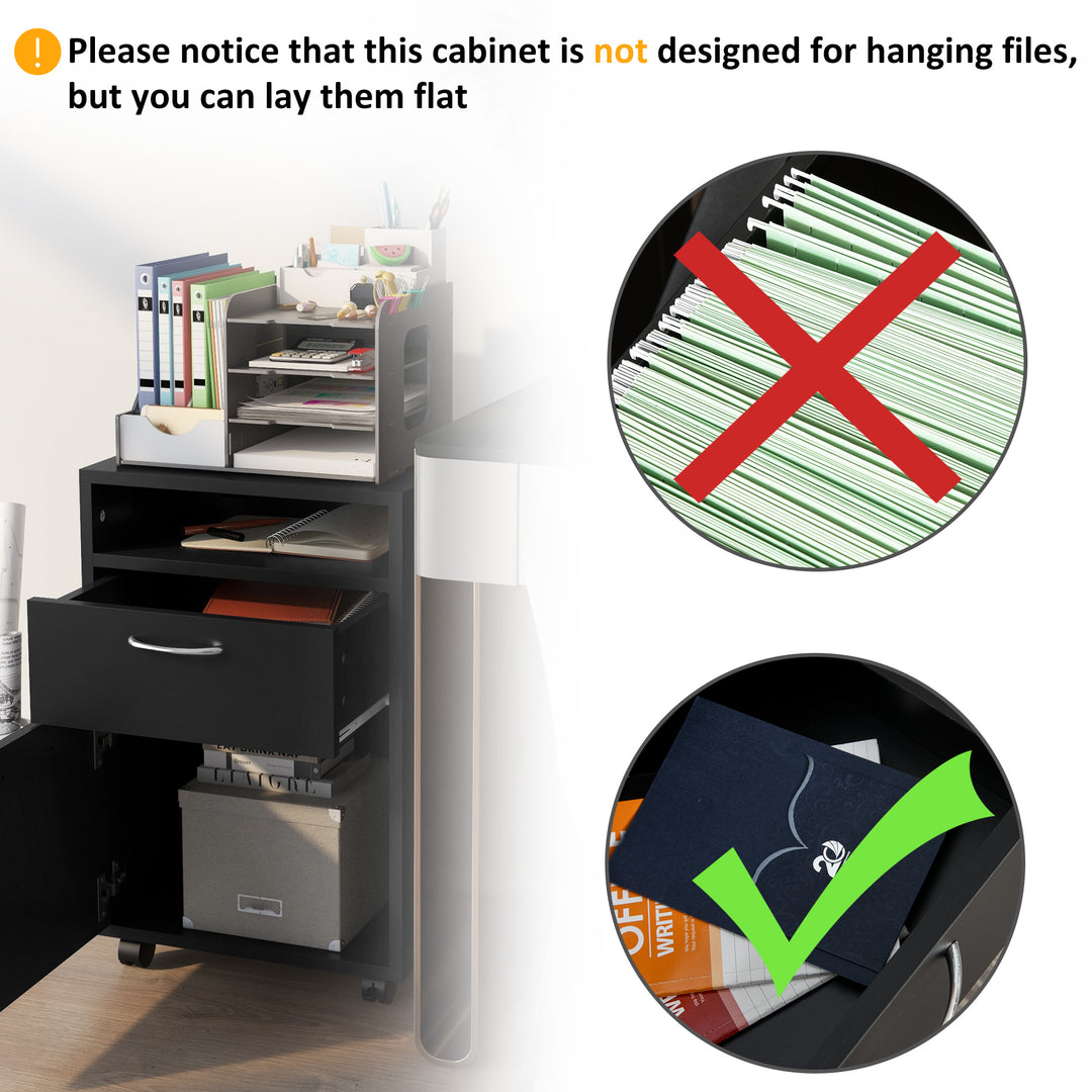 60cm Filing Cabinet with Drawer, Open Shelf, Metal Handles and 4 Wheels, Office Home Organiser Mobile Printer, Black