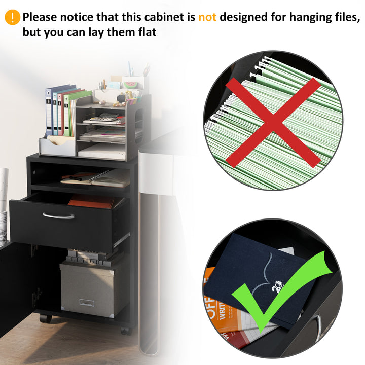 60cm Filing Cabinet with Drawer, Open Shelf, Metal Handles and 4 Wheels, Office Home Organiser Mobile Printer, Black