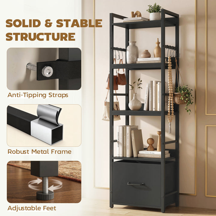 4-Tier Bookshelf, Narrow Bookcase with Drawer, 8 Hooks, Metal Frame, B