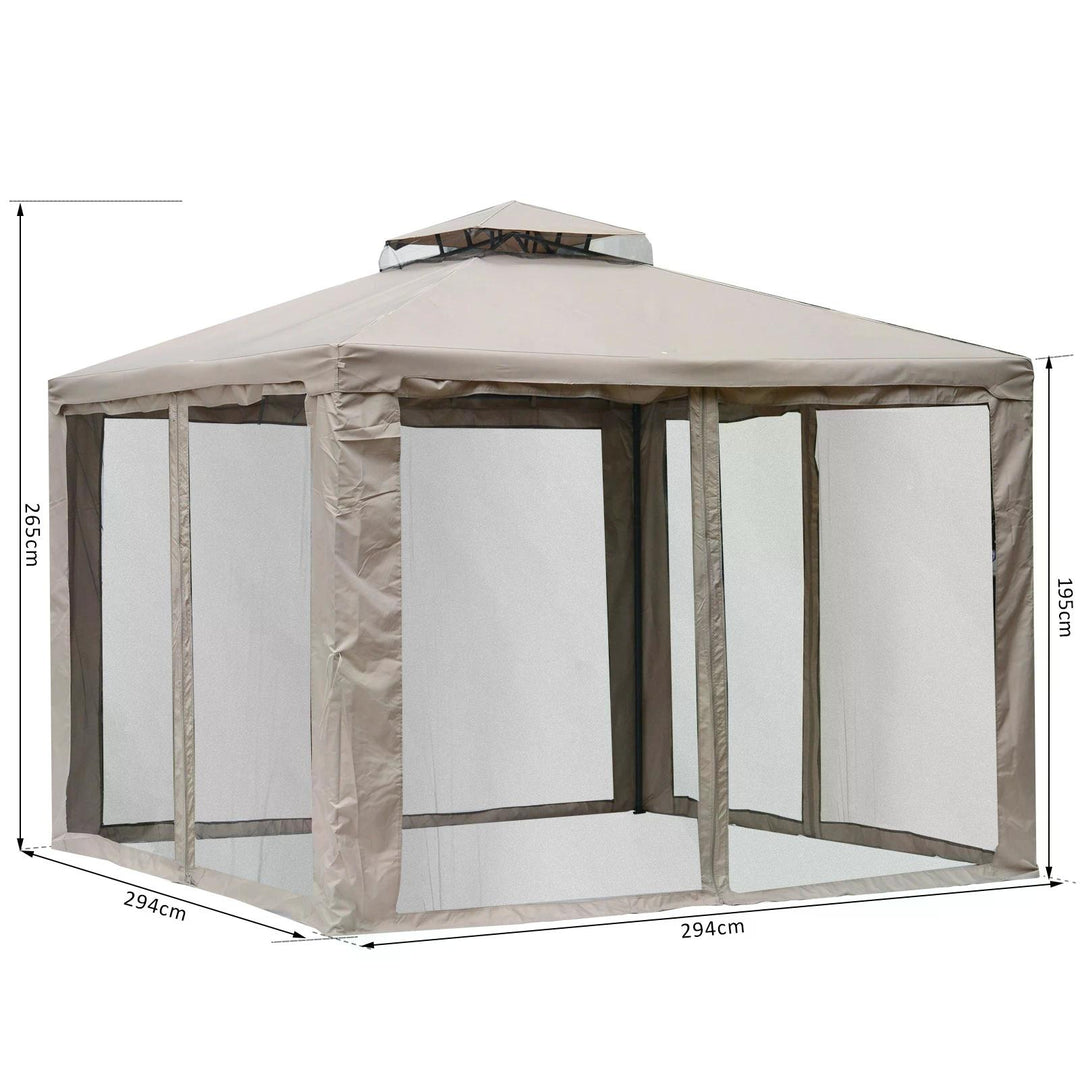 Outdoor Gazebo, 2-tier Roof W/Netting, 295L x 295W x 263Hcm-Taupe
