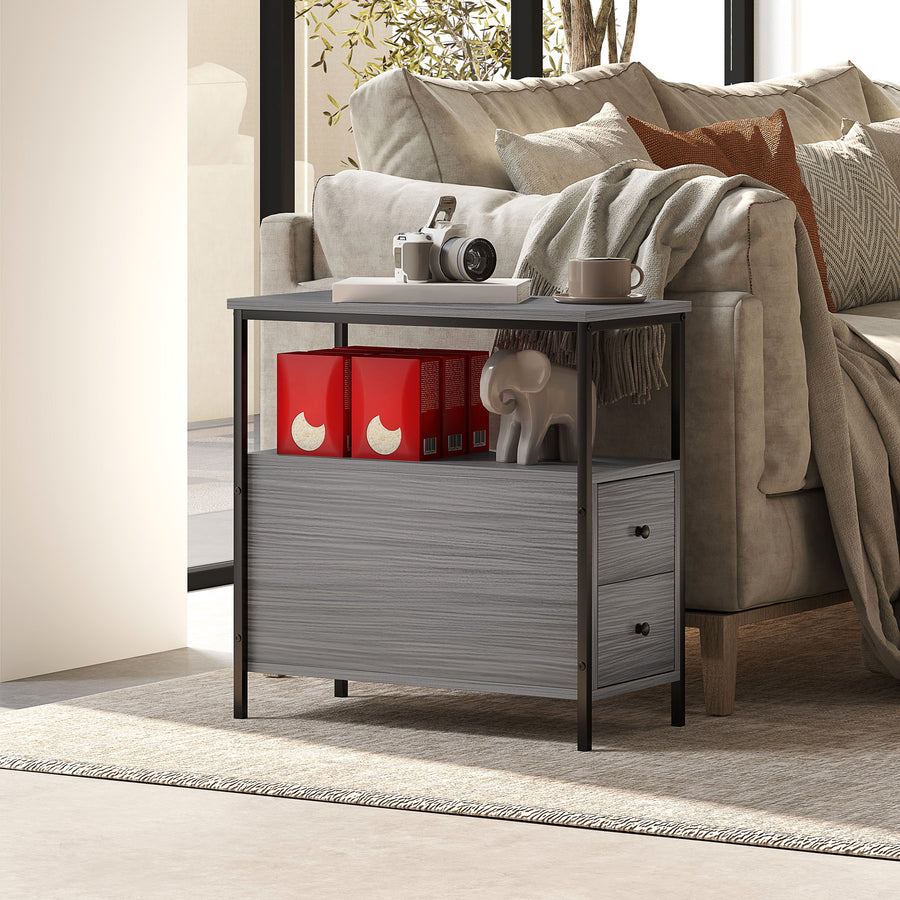 Side Table, Narrow Bedside Table with 2 Drawers and Storage Shelf, Industrial End Table with Metal Frame for Small Spaces, Grey Wood Grain