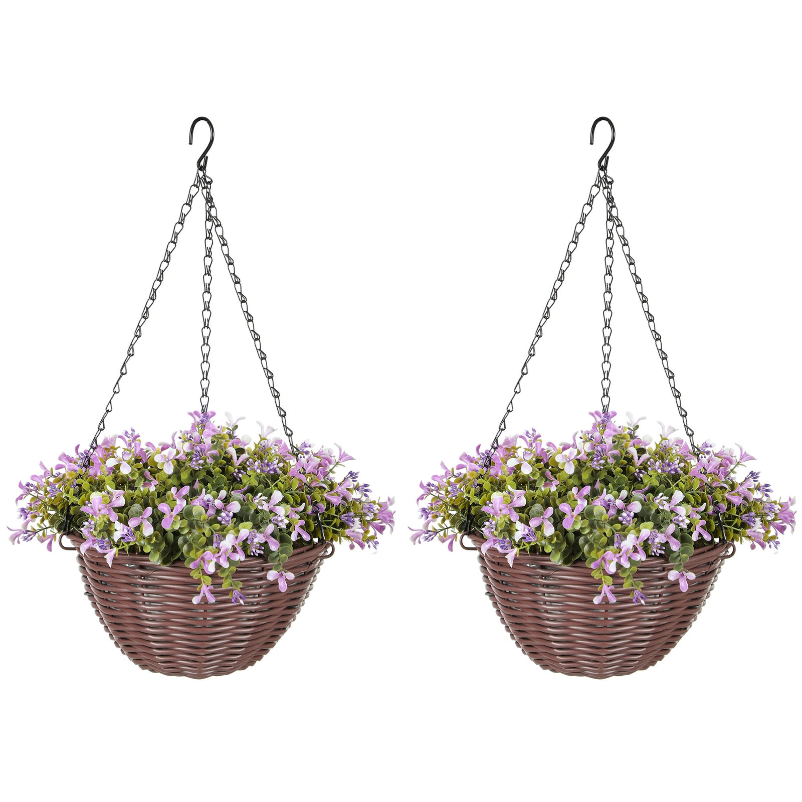 Artificial Flowers in Basket Set of 2, Artificial Hanging Baskets with 75 Leaves and 15 Flowers in Pot, Decorative Plant for Home Office Decor, Purple