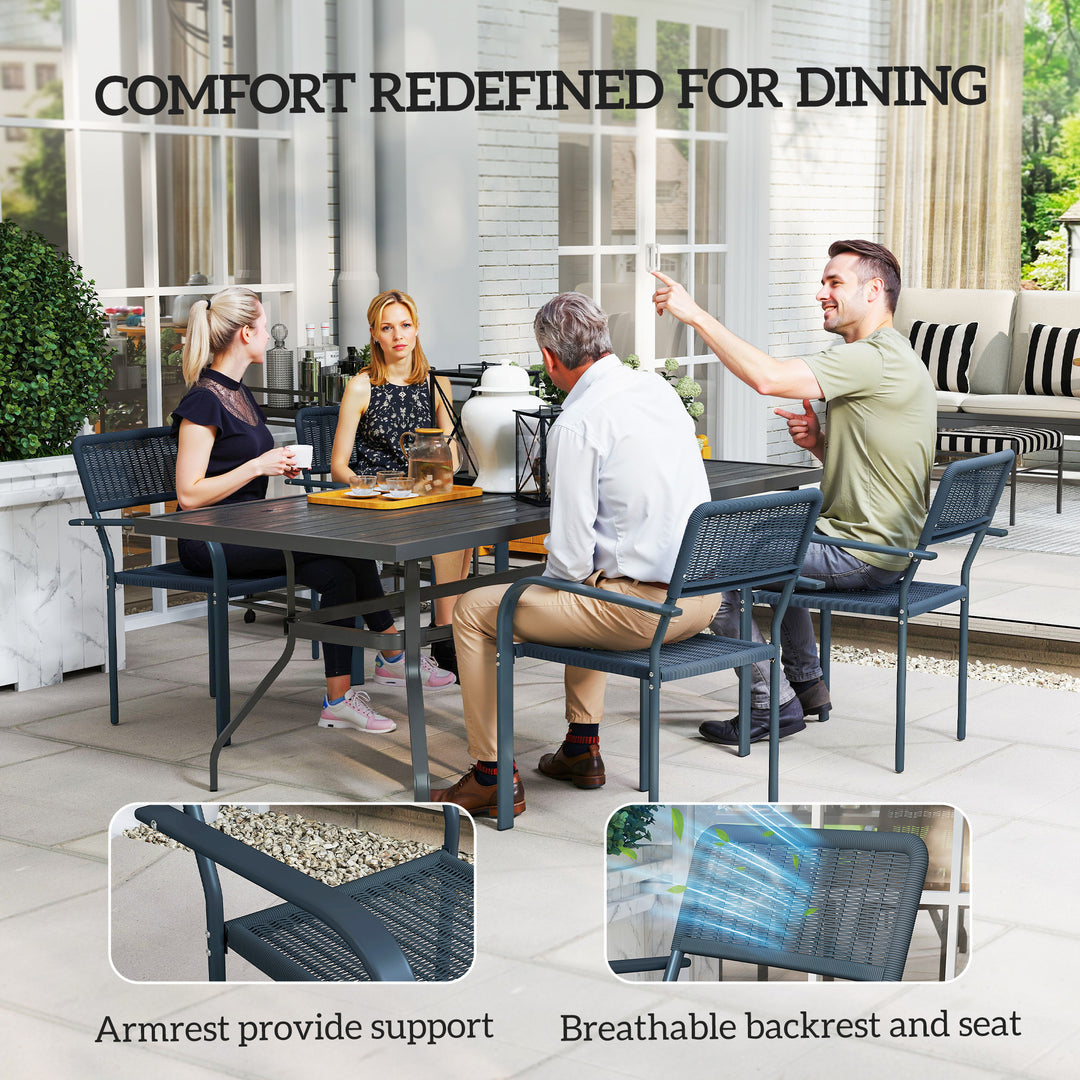 Garden Chairs Set of 4, Stackable Rattan Effect Dining Chairs with Armrest, Weather Resistant and Lightweight Outdoor Furniture Armchairs for Patio, Balcony, Terrace, Dark Grey