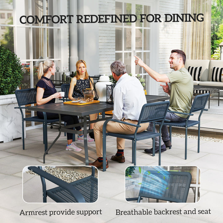 Garden Chairs Set of 4, Stackable Rattan Effect Dining Chairs with Armrest, Weather Resistant and Lightweight Outdoor Furniture Armchairs for Patio, Balcony, Terrace, Dark Grey