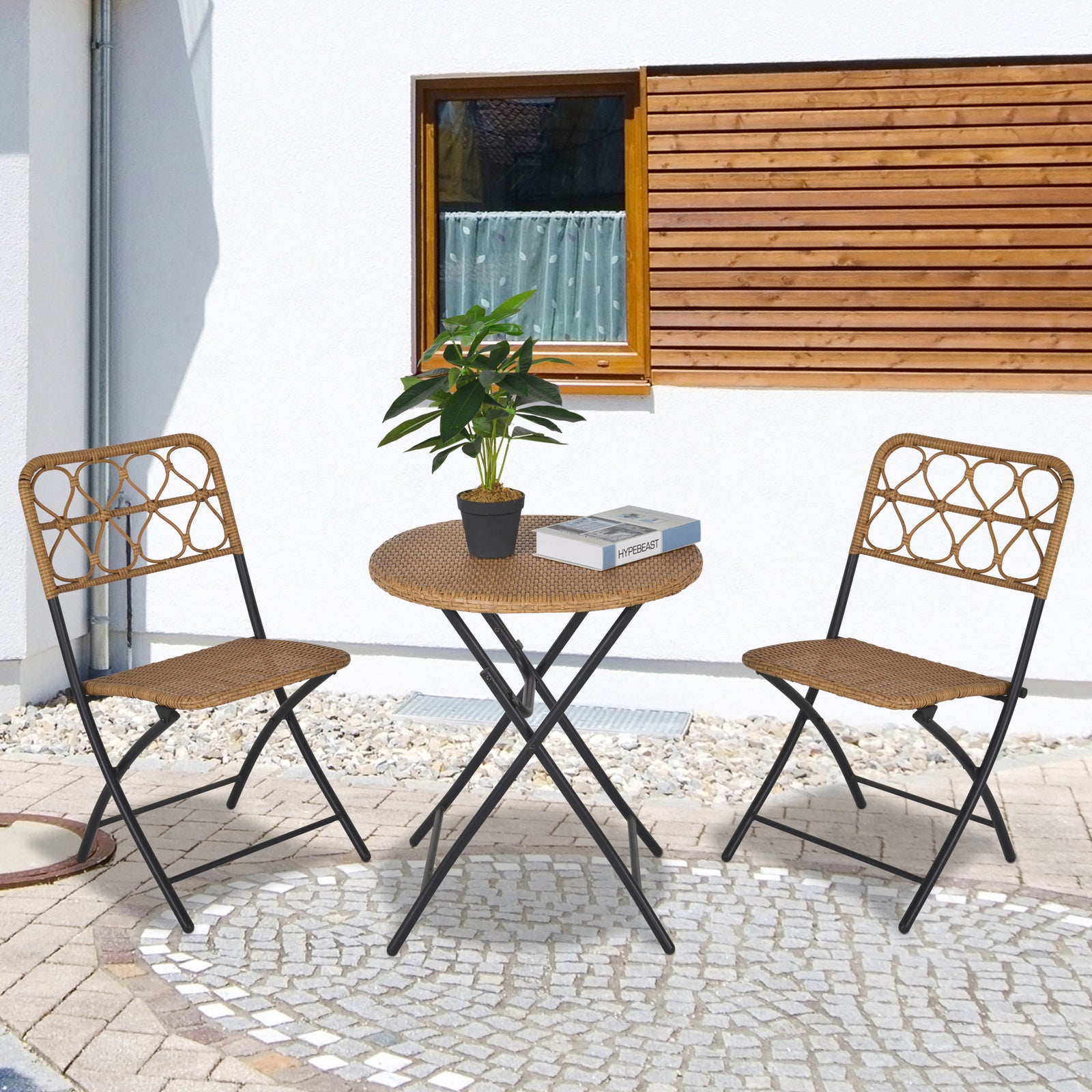 2 Seater Foldable Rattan Wicker Bistro Set, Coffee Table and Chairs, Natural
