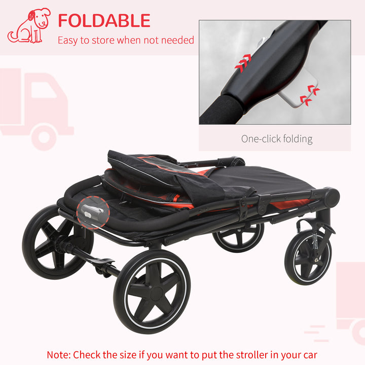 One-Click Foldable Pet Travel Stroller with Rain Cover, Cat Dog Pushchair with Universal Front Wheels, Shock Absorber, Storage Bags, Mesh Window, Safety Leash for Large and Medium Dogs (Red)