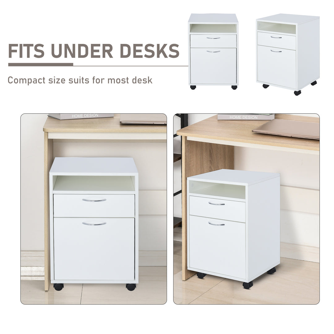 HOMCOM 60cm Storage Cabinet w/ Drawer Open Shelf Metal Handles 4 Wheels Office Home Organiser Mobile Printer White | Aosom UK