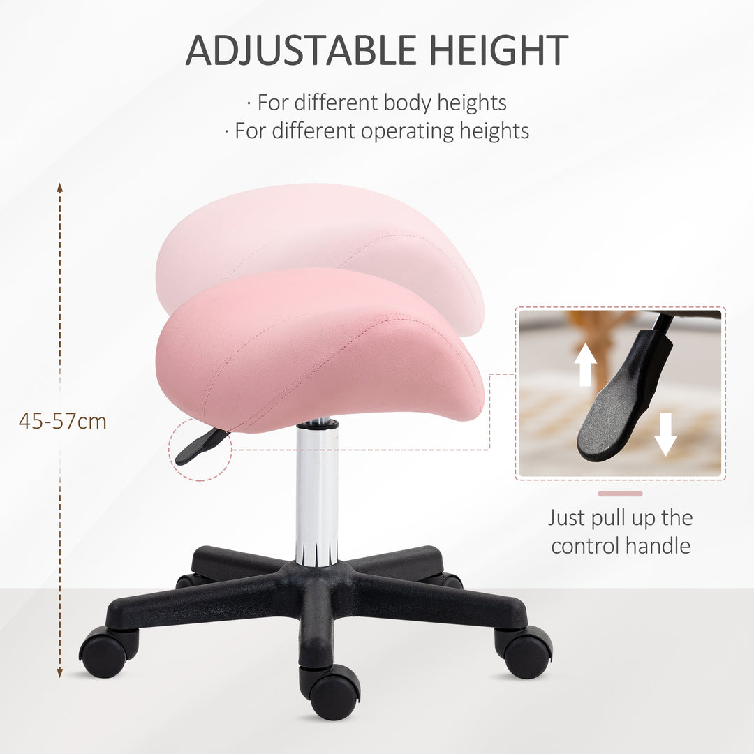Saddle Stool, PU Leather Adjustable Rolling Salon Chair with Steel Frame for Massage, Spa, Beauty and Tattoo, Pink