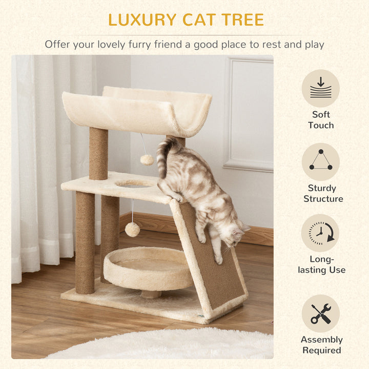 PawHut Cat Climbing Tree, Scratch Pad, Cosy Bed Perch, Play Ball, for Indoor Cats, 60 x 30 x 76 cm, Light Brown | Aosom UK