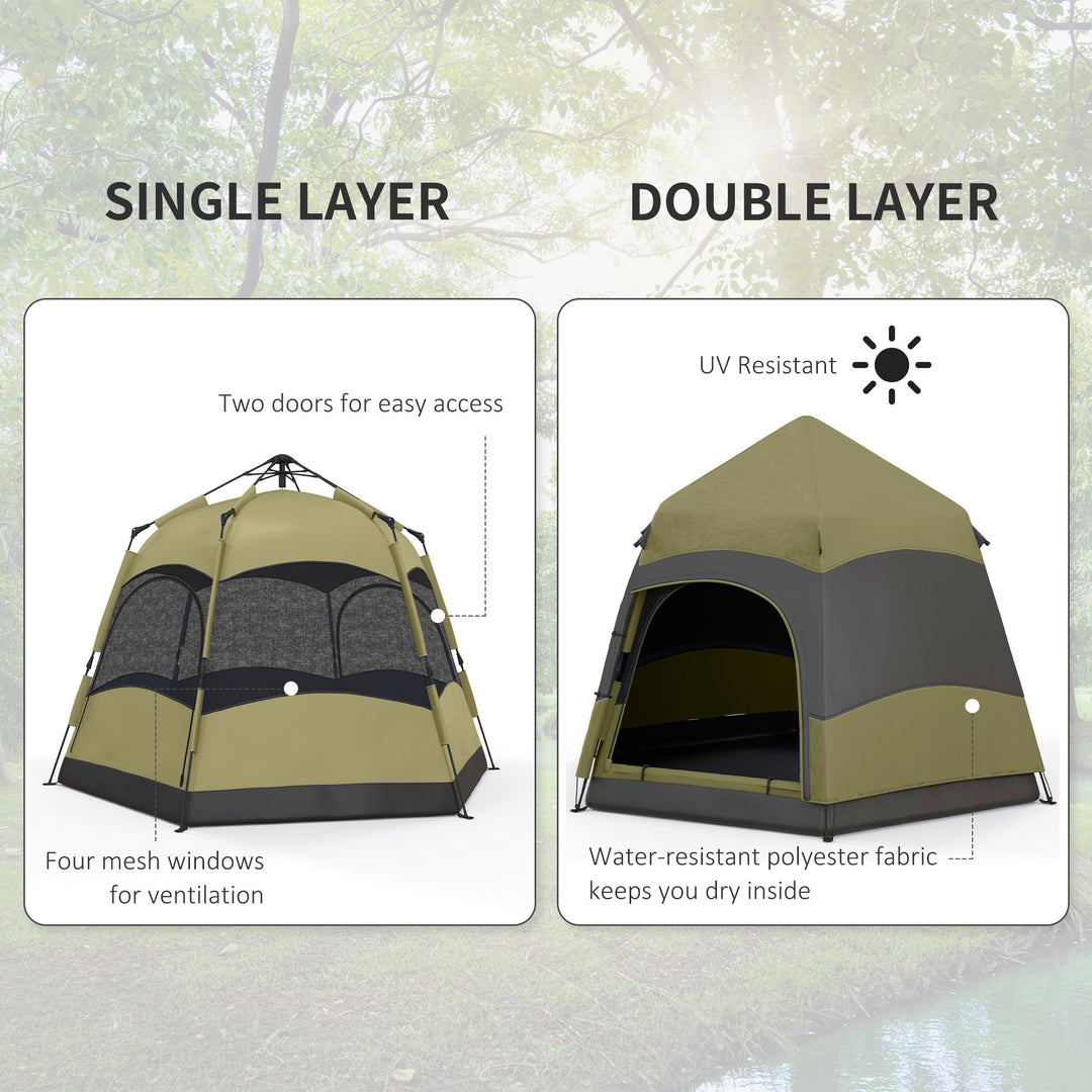 Six Man Hexagon Camping Tent with Hang Hook and Carry Bag - Dark Green and Light Grey
