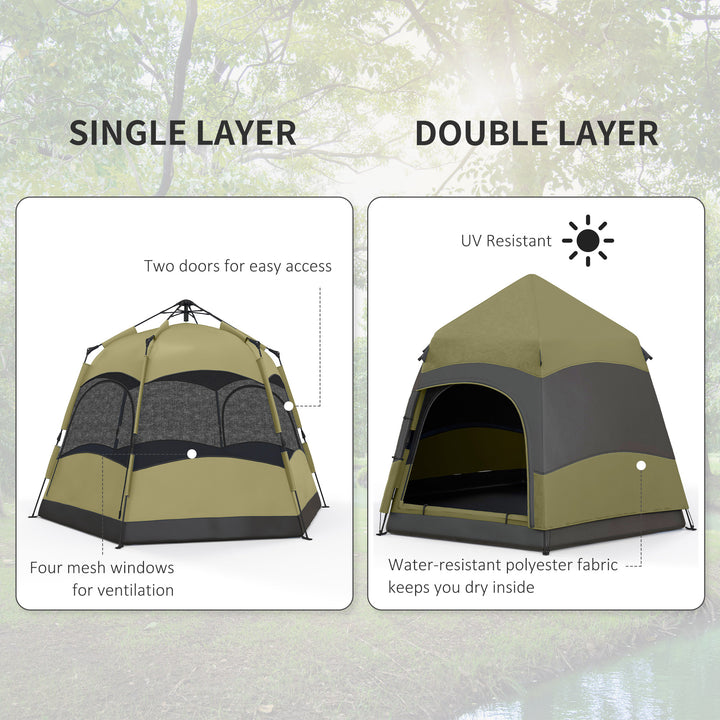 Six Man Hexagon Camping Tent with Hang Hook and Carry Bag - Dark Green and Light Grey