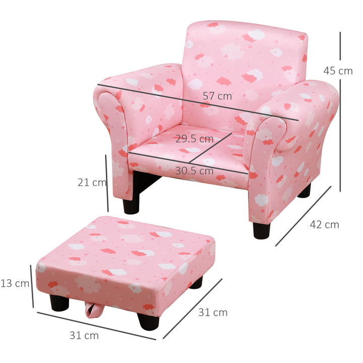 HOMCOM Kids Children Armchair Mini Sofa Wood Frame w/ Footrest Anti-Slip Legs High Back Arms Bedroom Playroom Furniture Cute Cloud Pink | Aosom UK