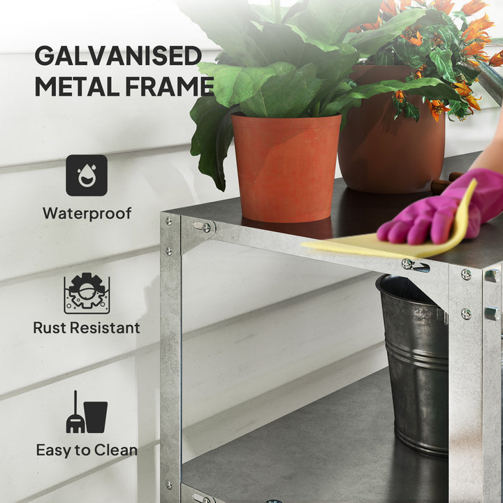 2 Tier Potting Bench Table, Galvanised Steel Garden Planting Work Bench Workstation with Storage Shelf for Outdoor, Patio, Greenhouse, 110 x 50 x 75 cm, Silver Tone