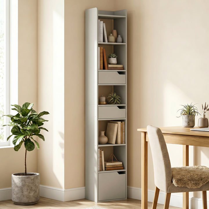 Bookcase Tall Narrow with 5 Tiers and Drawers Freestanding Bookshelf S