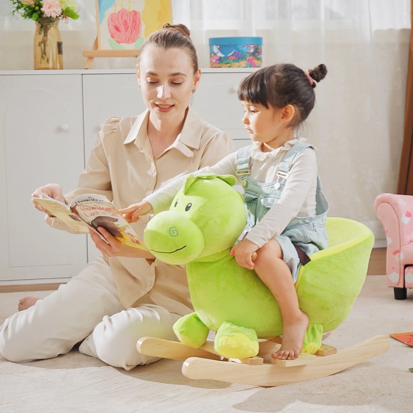 Kids Rocking Horse, Plush Ride-On Dinosaur Seat, with Seat Safety Belt, 32 Songs, Ride-On Horse