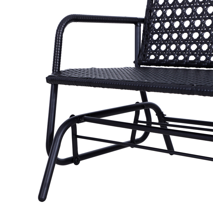 2 Seater PE Rattan Glider Bench, Outdoor Loveseat Chair with Steel Frame, Porch Rocking Glider for 2 Person with Armchair, High Back, Black