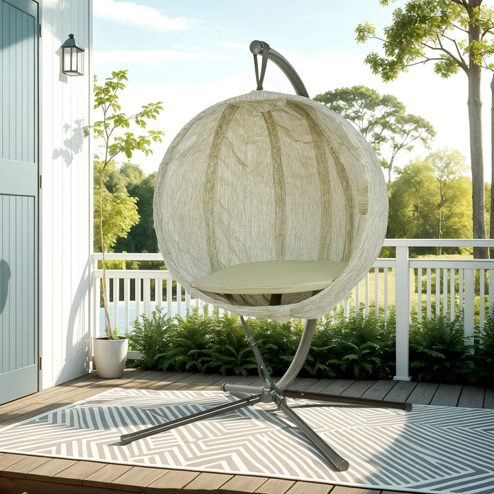 Hanging Egg Chair Outdoor Indoor Garden Swing Chair with Folding Basket, Garden Hanging Chair with Stand, Thickened Cushion, Cup Holder for Patio, Balcony, Khaki