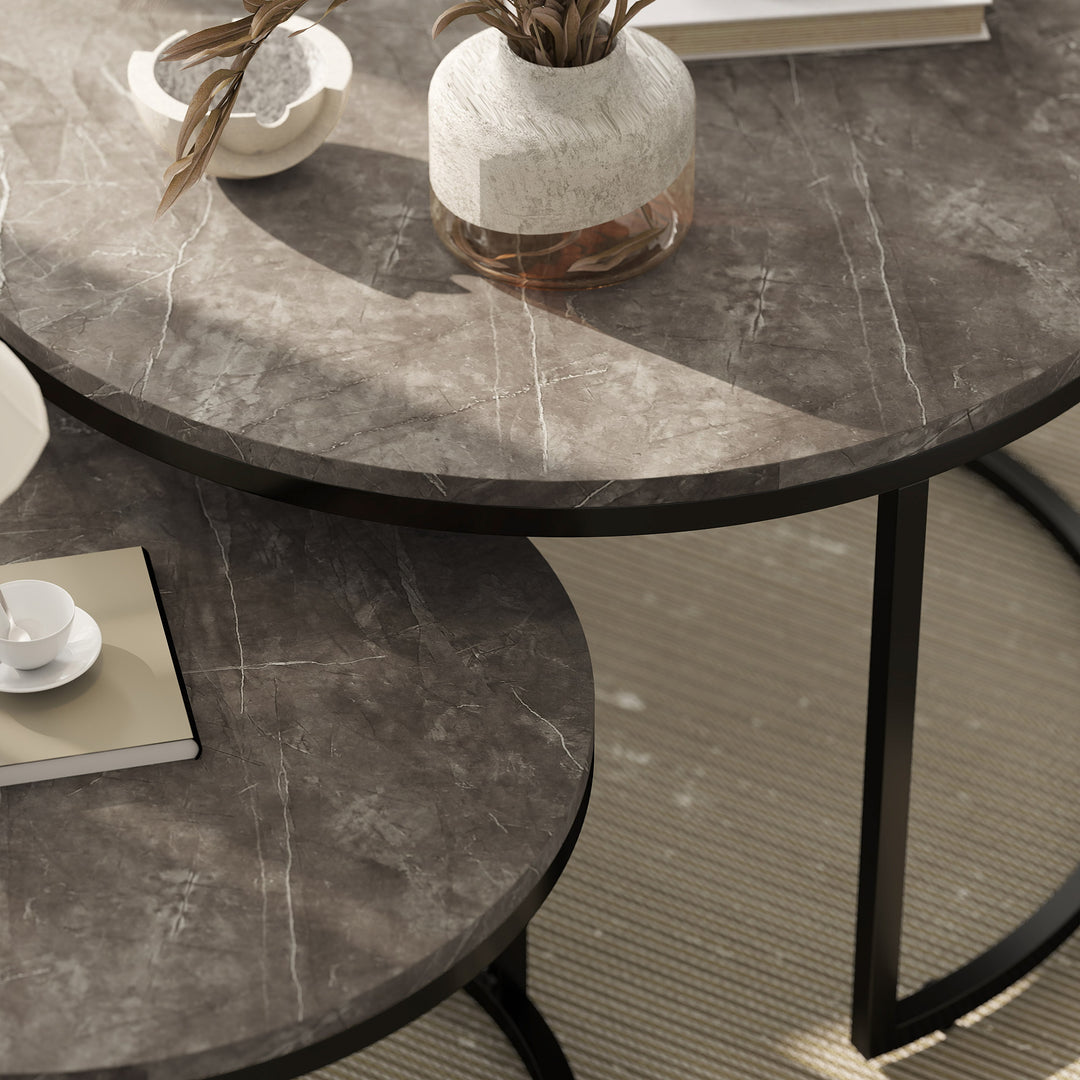 Industrial Nesting Coffee Table Set of 2, Round Coffee Tables, Living Room Table with Faux Marbled Top and Steel Frame