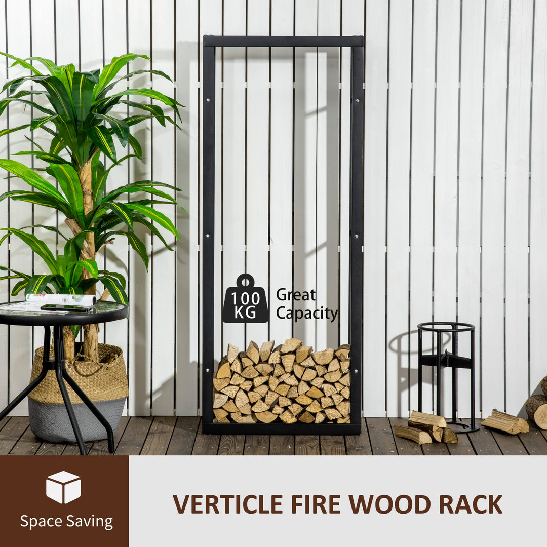 Metal Firewood Log Holder Tall Firewood Rack Indoor Outdoor Fireplace Wood Storage Shelf, Black, 60Wx25Dx150Hcm