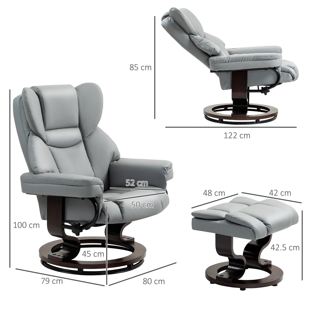 360° Swivel Recliner Chair with Footstool, PU Leather Manual Recliner Armchair with Solid Wood Base, Upholstered Reclining Chair for Living Room, Bedroom, Office, Light Grey