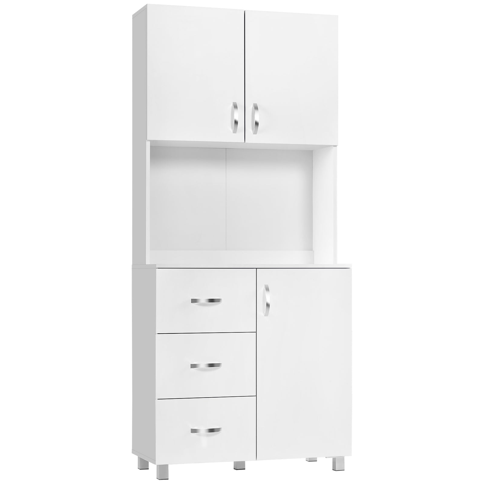 Free standing Kitchen Cupboard, Storage Cabinet with Doors and Sheleves, 3 drawers and Open Space, Adjustable Height Storage Unit, White