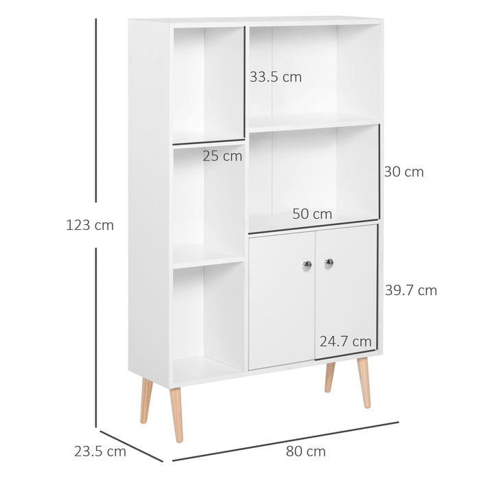 Sideboard Storage Cabinet Cupboard, Open Bookcase with 2 Doors 5 Compartments Wooden Modern Style for Living Room Bedroom Kitchen 80 x 23 x 123 cm, White