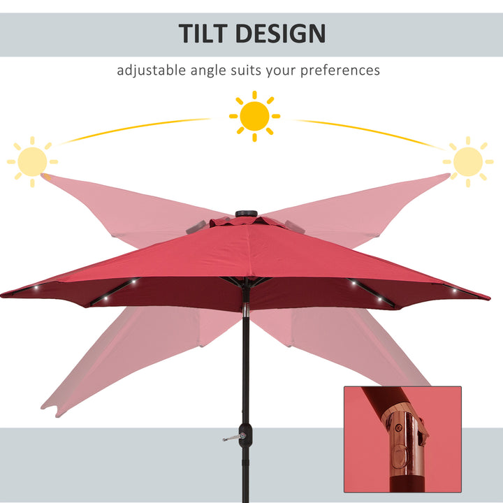 2.7m Patio Garden Umbrella Outdoor Parasol with Tilt Crank and 24 LEDs Lights (Red)