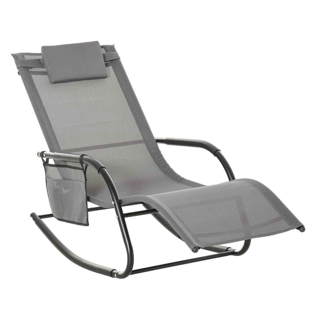 Outdoor Garden Rocking Chair, Patio Sun Lounger Rocker Chair with Breathable Mesh Fabric, Removable Headrest Pillow, Armrest, Side Storage Bag, Grey